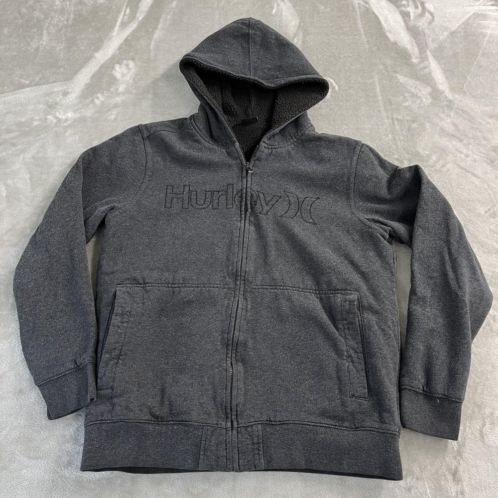 Hurley Hoodie Medium Gray Full Zip Sherpa Lined‎ Fleece Sweatshirt Skater Y2K